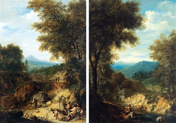 Fischer An Einem Fluss Am Waldrand (+ Lagernde Gesellschaft; Pair) Oil Painting by Philipp Hieronymus Brinckmann