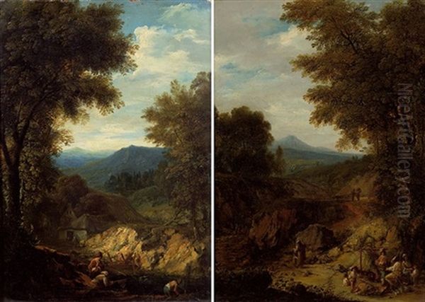 Pendants - Wanderer In Einer Waldlandschaft (+ Another; 2 Works) Oil Painting by Philipp Hieronymus Brinckmann