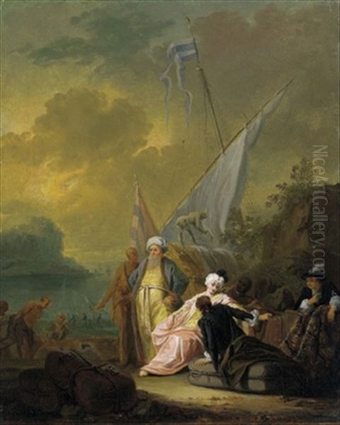 Vornehme Gesellschaft Bei Der Entladung Eines Schiffes In Einem Sudlichen Hafen Oil Painting by Philipp Hieronymus Brinckmann