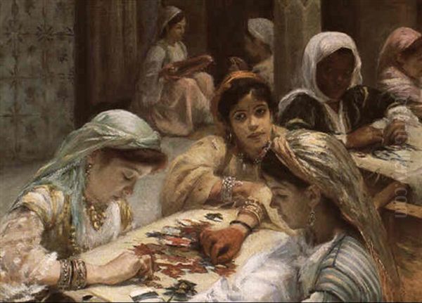 Ecole De Broderie Au Maroc Oil Painting by Louis-Edouard Brindeau de Jarny