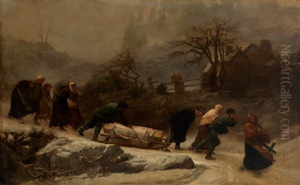 A Winter Funeral Oil Painting by Gustave Brion