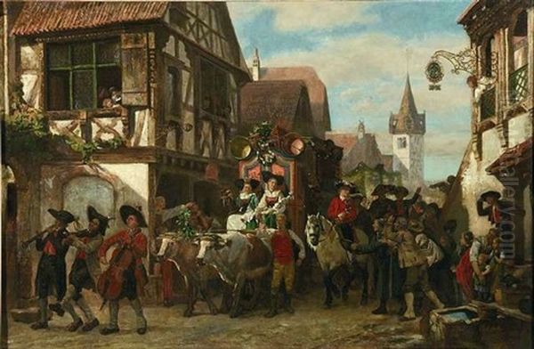 Der Brautwagen. Begleitet Von Musikanten Und Gratulanten Fahrt Ein Reich Geschmuckter Brautwagen Durch Ein Elsassisches Stadtchen Oil Painting by Gustave Brion