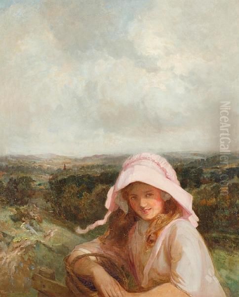 Girl With Pink Bonnet In An Extensive Landscape by Walter Herbert Allcott