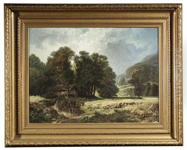 Ramsau Bei Rosenheim, Bayern. Im Vordergrund Ein Bauernhof Am Feldrand Unter Hohen Baumen Oil Painting by Anton Brioschi