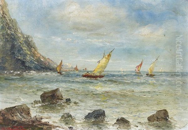 Kustenpartie Mit Segelschiffen Auf Bewegter See Oil Painting by Anton Brioschi