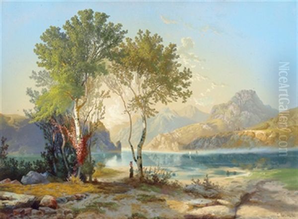 Sonnige Landschaft Mit Segelbooten Auf Einem See Im Gebirge Oil Painting by Carlo Brioschi