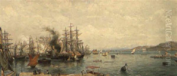 A View Of Trieste Harbour Oil Painting by Carlo Brioschi