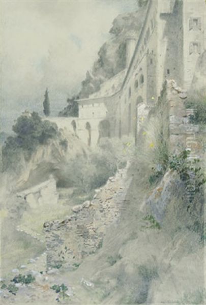 Blick Auf Die Mauern Des Klosters St. Scholastica Im Anio-tal Bei Rom (sketch Of Same, Verso) Oil Painting by Othmar Brioschi