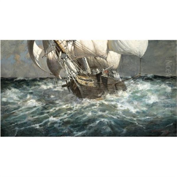 A Brig In Stormy Weather Oil Painting by Arthur Briscoe