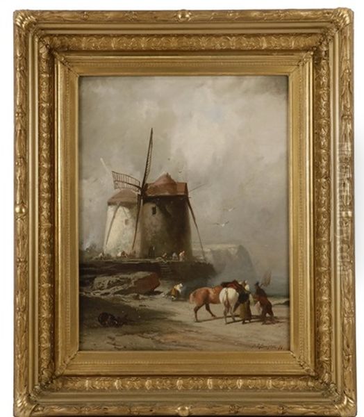 Dutch Coastal Windmill With Figures Oil Painting by Franklin Dullin Briscoe