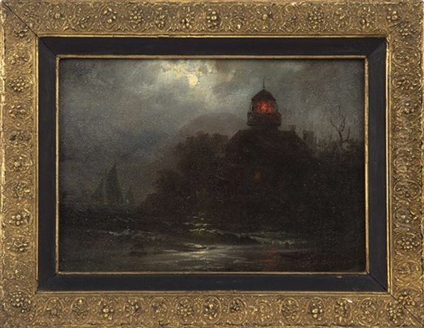 Lighthouse And Sailboat Under Moonlight Oil Painting by Franklin Dullin Briscoe