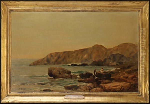 Figures Picnicking On Rock Ledge Along A Coastline Oil Painting by Franklin Dullin Briscoe