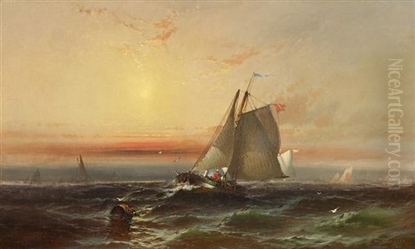 Sailboats In A Sunset Oil Painting by Franklin Dullin Briscoe