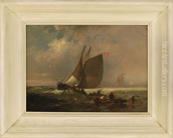 Offshore Fishing Scene With A Large Vessel Flying An American Flag Surrounded By Smaller Boats With Fishermen Hauling Nets Oil Painting by Franklin Dullin Briscoe