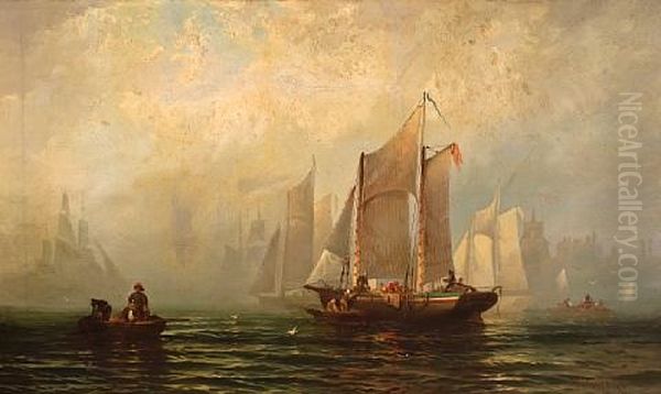 Shipping In A Harbor Oil Painting by Franklin Dullin Briscoe