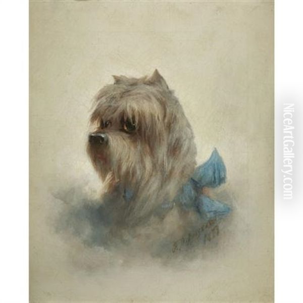 Portrait Of A Terrier With Blue Bow Oil Painting by Franklin Dullin Briscoe