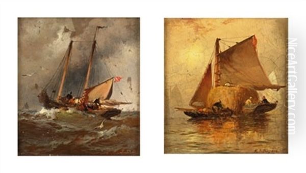 Sailboats At Sunset (+ Fishing Boat In Stormy Waters; Pair) Oil Painting by Franklin Dullin Briscoe