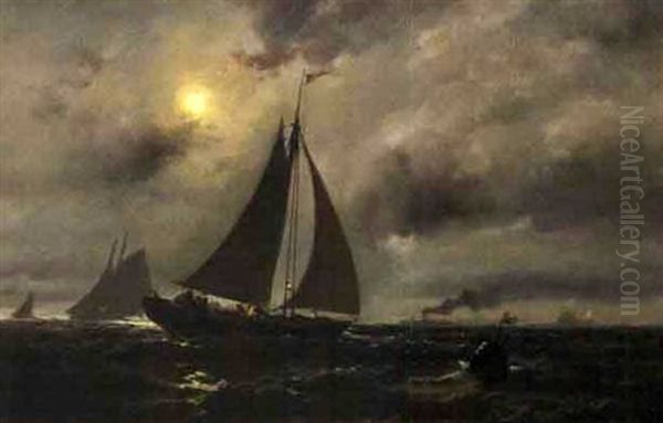 Fishing Boats Heading Out Under Moonlight Oil Painting by Franklin Dullin Briscoe