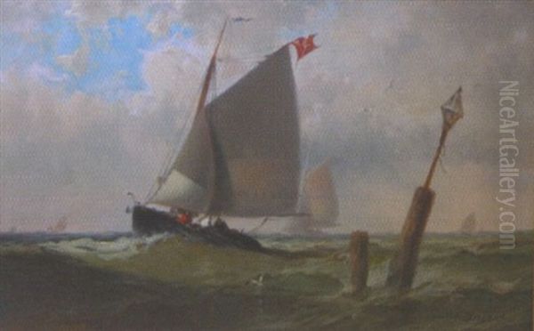 Portrait Of Sailing Vessel Underway, Signal Light In Foreground Oil Painting by Franklin Dullin Briscoe