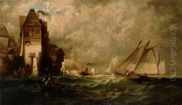 A Fishing Cutter And Other Shipping Off A Dutch Harbor Oil Painting by Franklin Dullin Briscoe