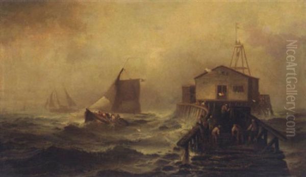 Fishing Boats Off A Jetty Oil Painting by Franklin Dullin Briscoe