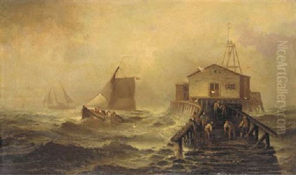 Fishing Boats Off A Jetty Oil Painting by Franklin Dullin Briscoe