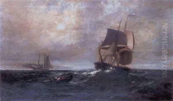 Sailing Ships And A Row Boat In Stormy Waters Oil Painting by Franklin Dullin Briscoe