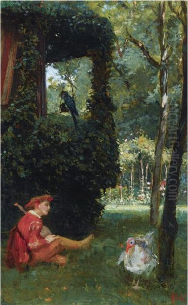 A Jester Playing The Lute In A Garden Oil Painting by August Allebe