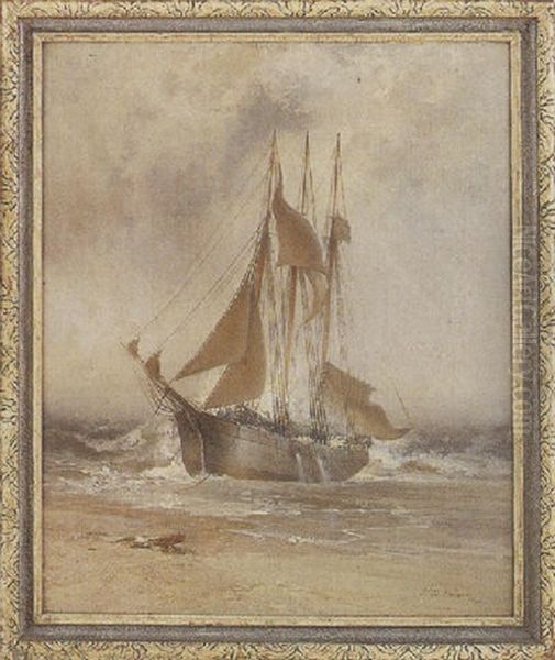 Coastal Scene Of A Beached Sailing Vessel Oil Painting by Franklin Dullin Briscoe