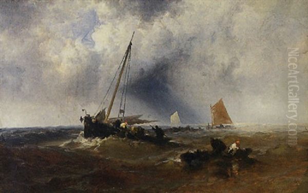 A Shipwreck With Men Along The Beach Oil Painting by Franklin Dullin Briscoe