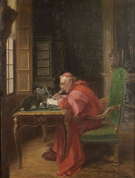 Cardinal A Son Bureau, Son Chat Buvant Dans Sa Tasse Oil Painting by Henri Brispot