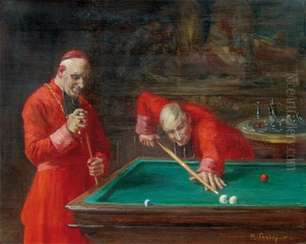 Zwei Billard Spielende Kardinale Oil Painting by Henri Brispot