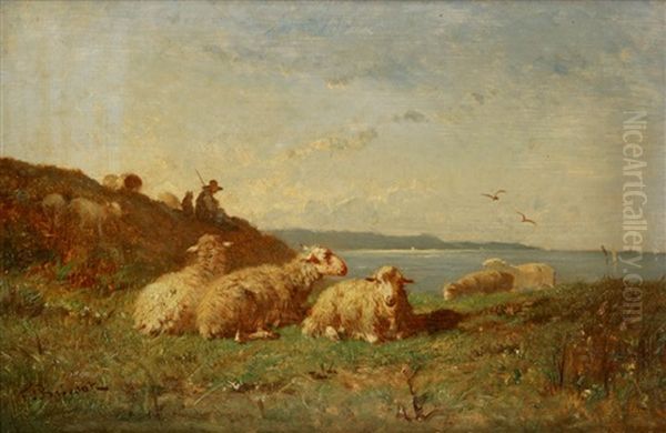 Shepherd And Sheep By The Sea Oil Painting by Felix Saturnin Brissot de Warville