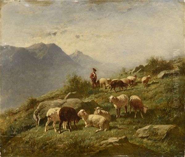 Troupeau De Mouton Et Son Patre Dans Les Alpages Oil Painting by Felix Saturnin Brissot de Warville