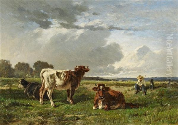 Weidelandschaft Mit Hirten Und Vieh Bei Aufziehendem Gewitter Oil Painting by Felix Saturnin Brissot de Warville