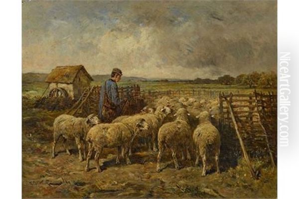 Schafer Mit Seiner Herde Am Gatter Oil Painting by Felix Saturnin Brissot de Warville