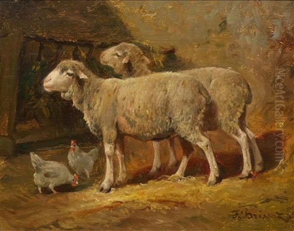 Sheep And Hens In A Stall Oil Painting by Felix Saturnin Brissot de Warville