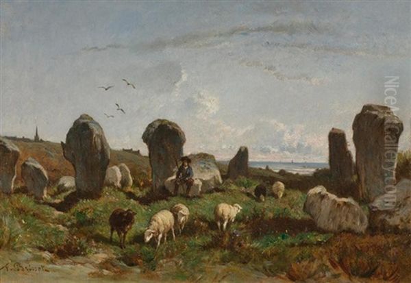 Fischer An Der Kuste (+ Schafhirte Mit Herde An Der Kuste In Der Bretagne; Pair) Oil Painting by Felix Saturnin Brissot de Warville