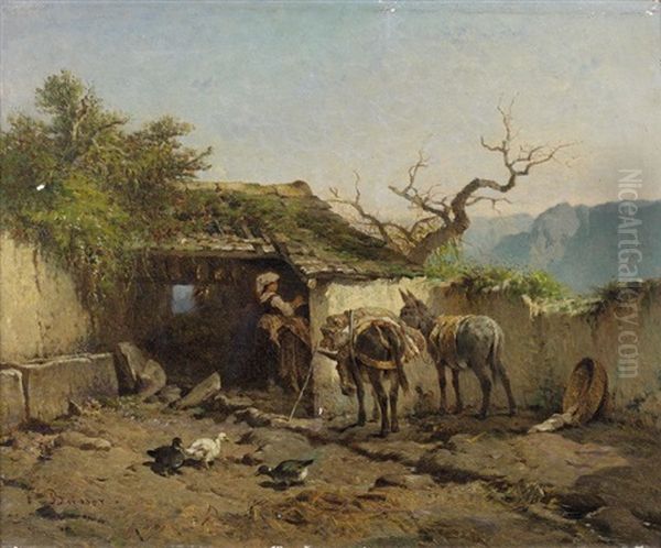 Cour De Ferme Avec Deux Anes Oil Painting by Felix Saturnin Brissot de Warville