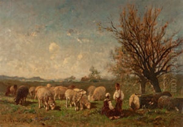 Weite Landschaft Mit Schafhirten Und Herde Oil Painting by Felix Saturnin Brissot de Warville