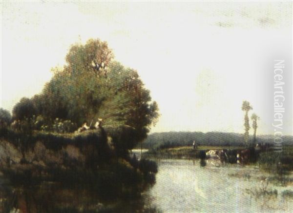 Flusslandschaft Mit Fischern Und Kuhen Oil Painting by Felix Saturnin Brissot de Warville