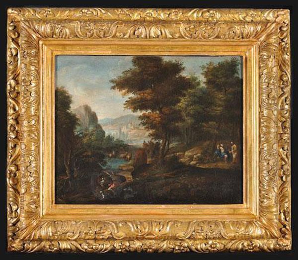 Paesaggio Fluviale Boschivo Con Scena Biblica Oil Painting by Etienne Allegrain