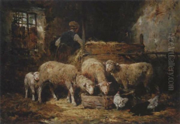 Im Stall - Bauerin Beim Futtern Der Schafe Und Huhner Oil Painting by Felix Saturnin Brissot de Warville