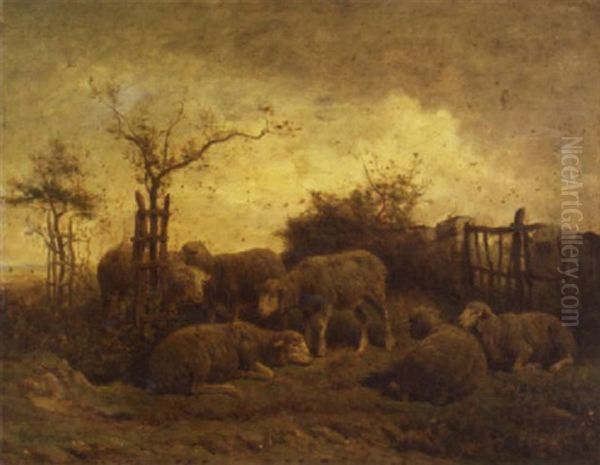 A Flock Of Sheep Resting In A Meadow Oil Painting by Felix Saturnin Brissot de Warville