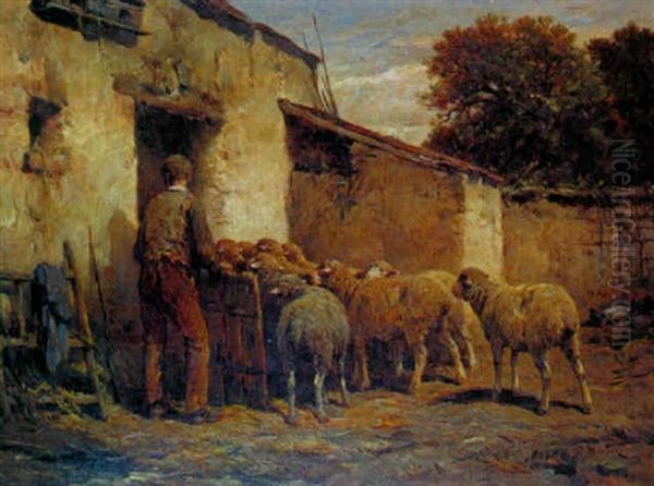 Troupeau De Moutons Rentrant A L'etable Oil Painting by Felix Saturnin Brissot de Warville