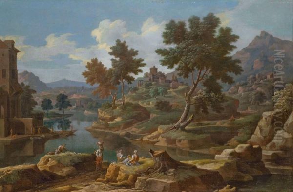 Personnages Dans Un Paysage Fluvial Italien Oil Painting by Etienne Allegrain