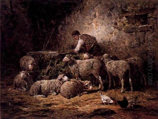 Moutons A La Bergerie Oil Painting by Felix Saturnin Brissot de Warville