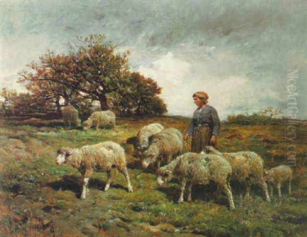 A Pastoral Landscape With A Shepherdess And Her Flock Oil Painting by Felix Saturnin Brissot de Warville