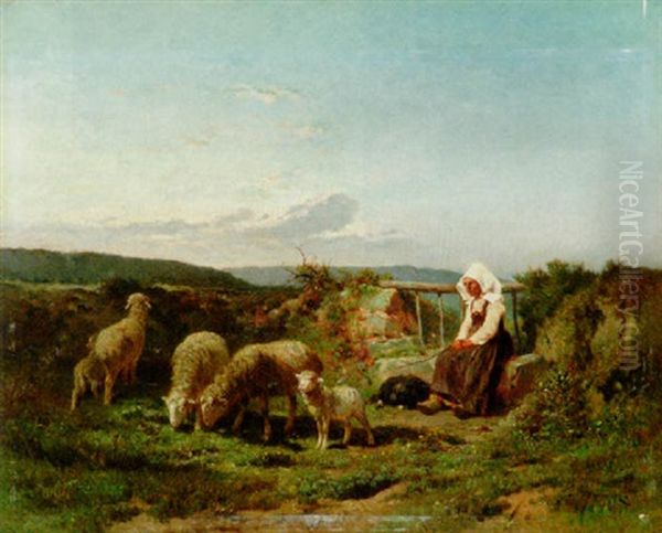 Shepherdess With Her Flock Oil Painting by Felix Saturnin Brissot de Warville