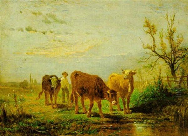 Hirte Mit Kuhen Am Bachufer Oil Painting by Felix Saturnin Brissot de Warville